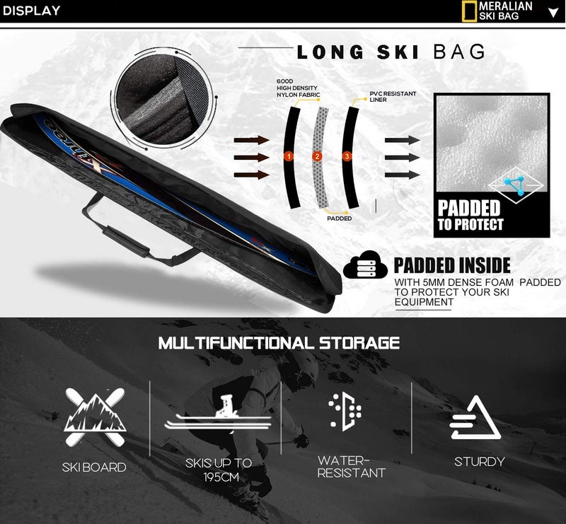 MERALIAN Padded Ski Bag,Waterproof Full Padded Single Ski Travel Bag with Adjustable Shoulder Strap. (BLACK, 185CM) - Image 4